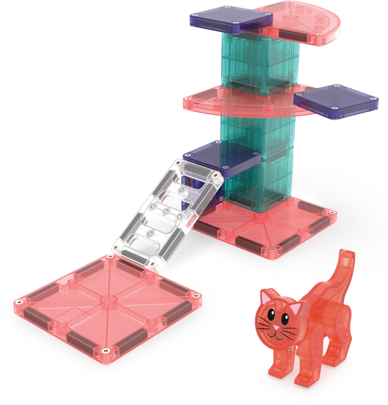 Magna-Tiles Cat Tree 13-piece magnetic tile set with tower, ramps, platforms, and orange cat figurine