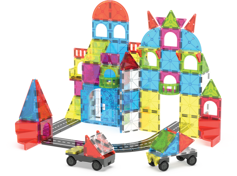 Magna-Tiles City Center 110 piece magnetic building set with colorful castle structure and cars