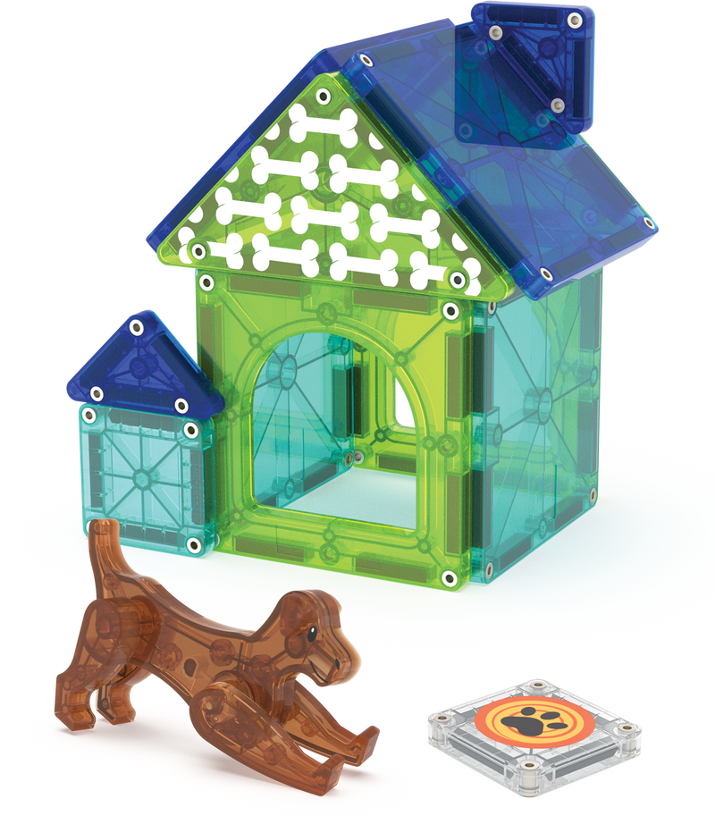 Magna-Tiles Dog House 13-piece magnetic tile set with transparent dog figure and paw tile