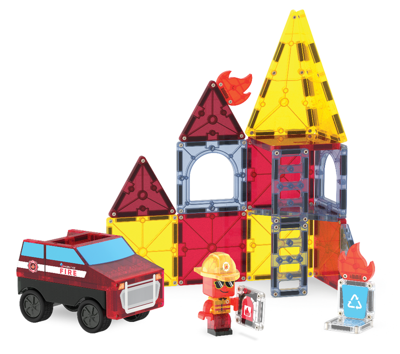 Magna-Tiles Fire Rescue 27-piece set with fire station, firefighter figure, and vehicle