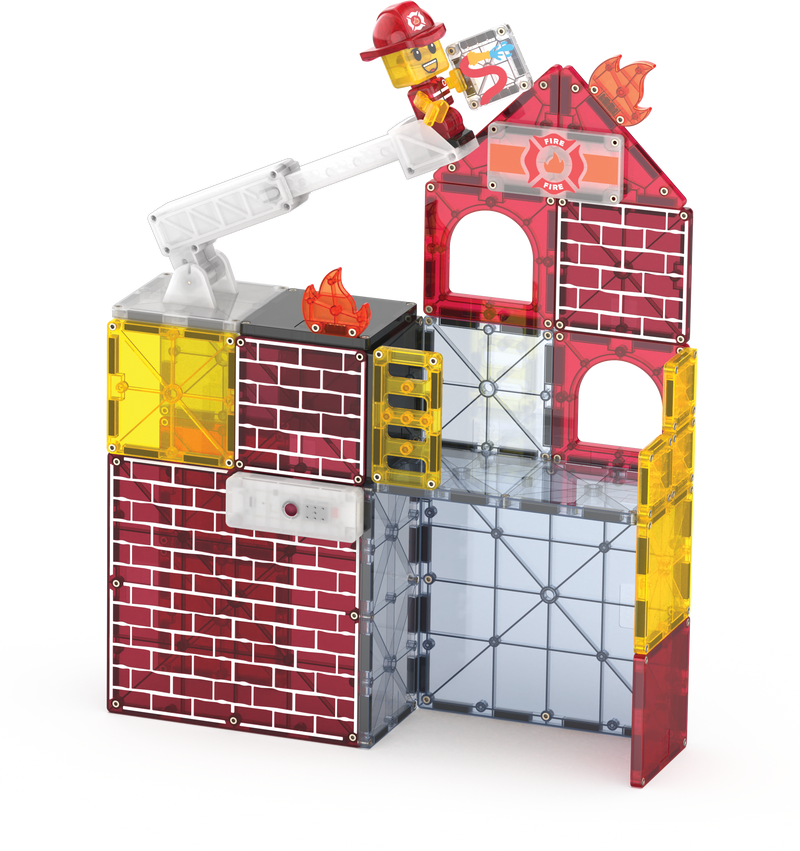Magna-Tiles Fire Station 50-piece magnetic building set with firefighter minifigure and ladder truck