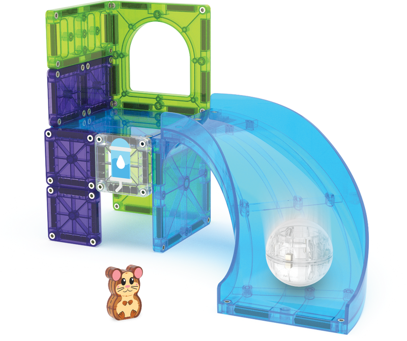 Magna-Tiles Hamster Ball 13-piece set with magnetic tiles, curved slide, and hamster figurine