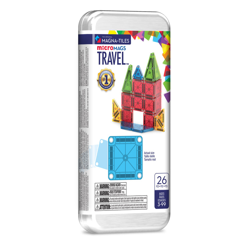 Magna-Tiles microMAGS Travel Set 26-piece magnetic building toy package with colorful tiles