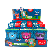 Display box of colorful squishy animal toys with suction cups including bears and cats