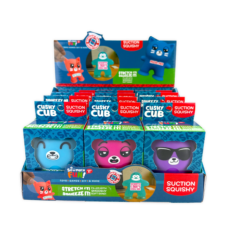 Display box of colorful squishy animal toys with suction cups including bears and cats