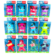 Collection of colorful squishy toy characters in retail packaging with suction cups