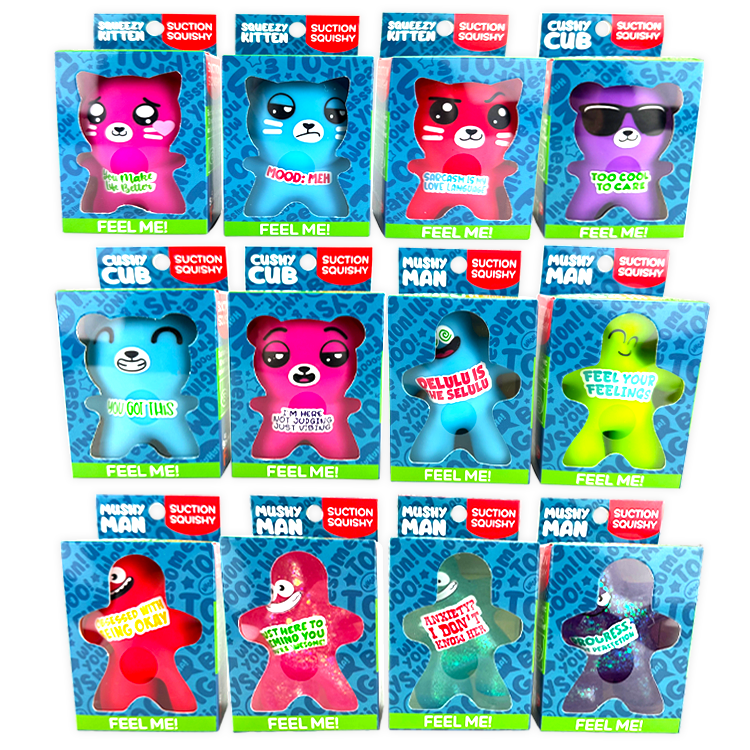 Collection of colorful squishy toy characters in retail packaging with suction cups