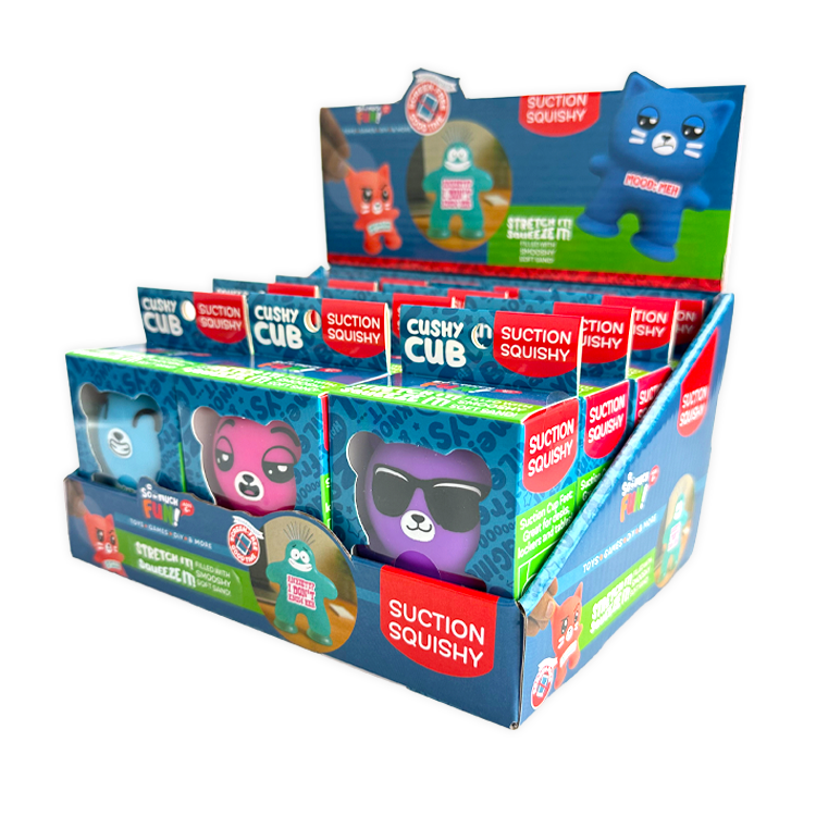 Display box of Cushy Cub suction cup squishy toys showing colorful animal characters