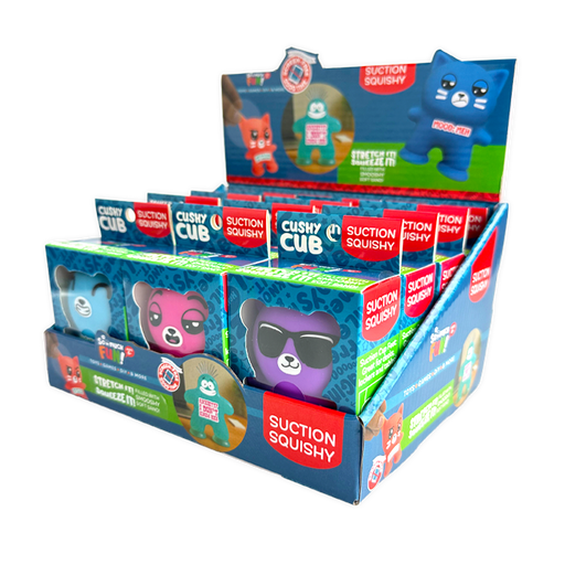 Display box of Cushy Cub suction cup squishy toys showing colorful animal characters