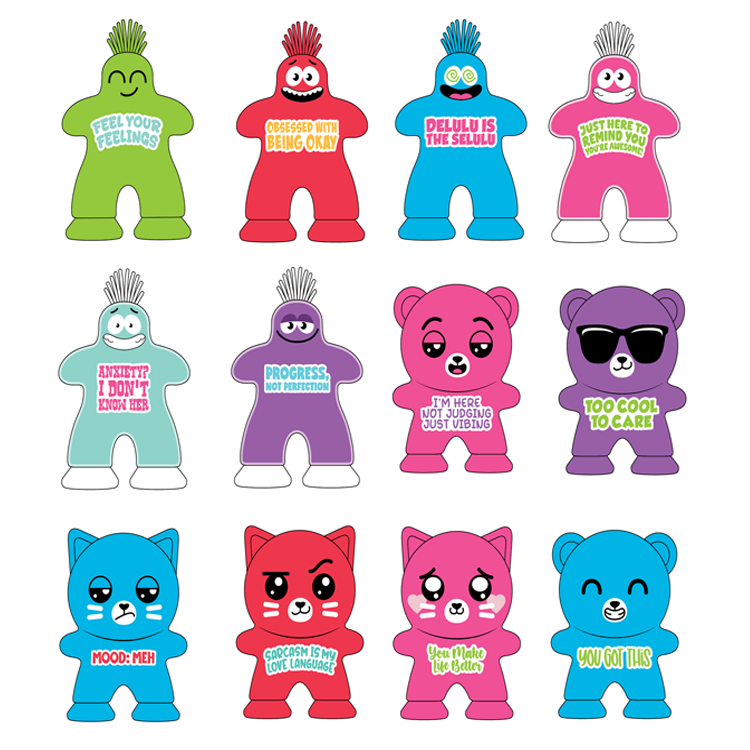 Collection of colorful squishy character toys with various expressions and motivational text messages