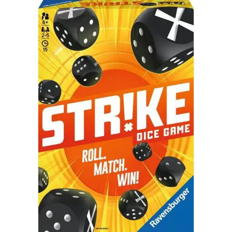 Strike Dice Game box by Ravensburger with colorful design and black dice