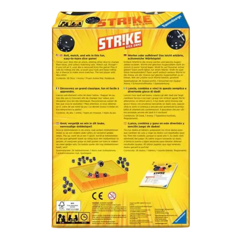 Strike dice game box back showing game details and components by Ravensburger