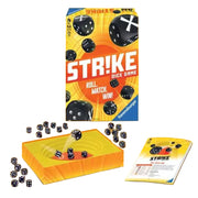 Strike dice game box with black dice, game components and instruction sheet displayed