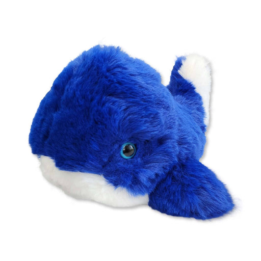 Blue plush baby whale stuffed animal with white belly on white background