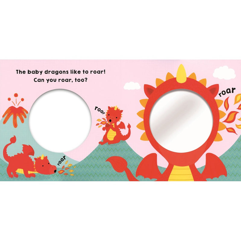 Baby Dragons interactive book page with circular mirrors and colorful dragon illustrations