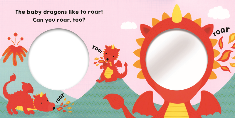 Baby Dragons interactive book page with circular mirrors and colorful dragon illustrations