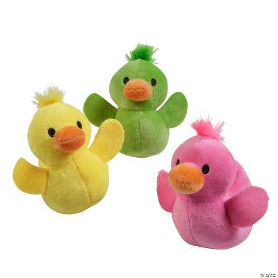 Three colorful plush duck toys in yellow, green, and pink with fuzzy hair