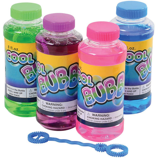 Four bottles of Cool Bubbles bubble solution in different colors with bubble wand