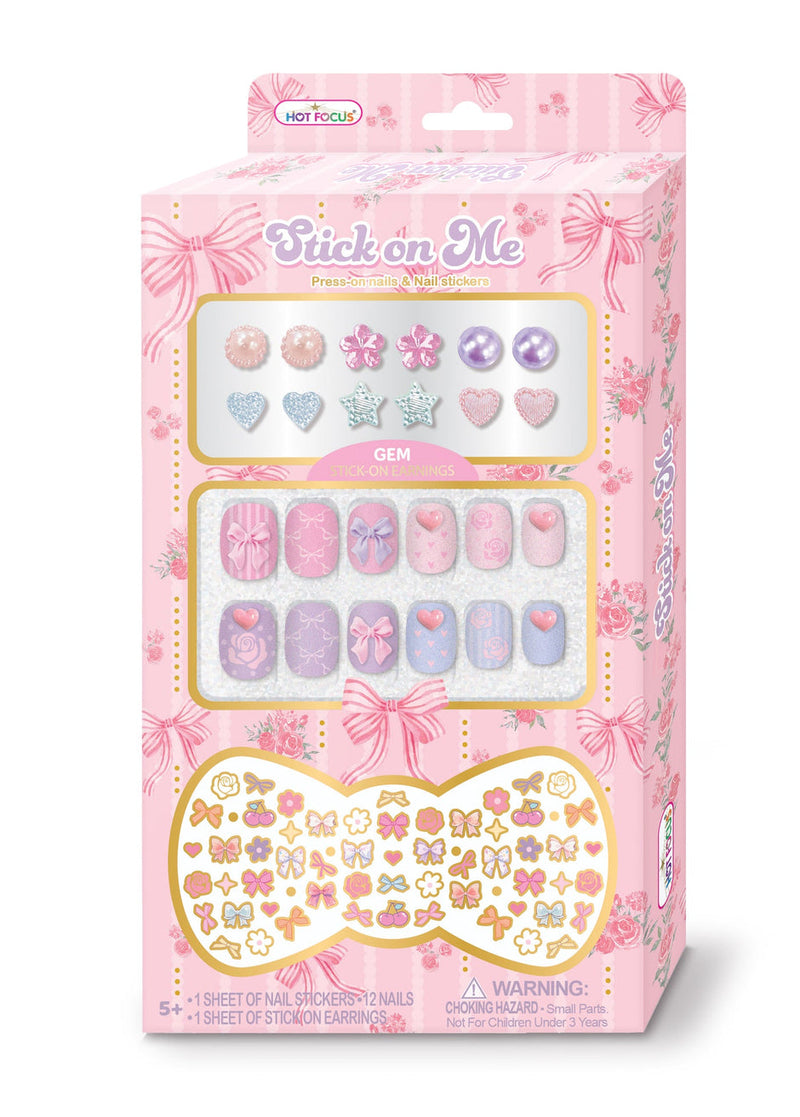 Hot Focus Stick on Me Bowtiful nail stickers and press-on nails set in pink packaging