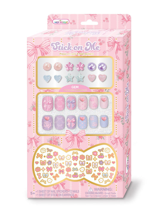 Hot Focus Stick on Me Bowtiful nail stickers and press-on nails set in pink packaging