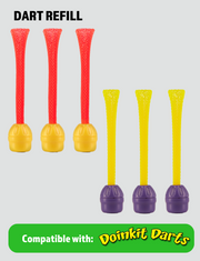 Six Doinkit Darts refill darts with mesh tubes and weighted tips in red and yellow colors