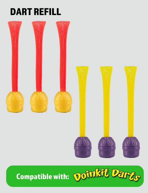 Six Doinkit Darts refill darts with mesh tubes and weighted tips in red and yellow colors