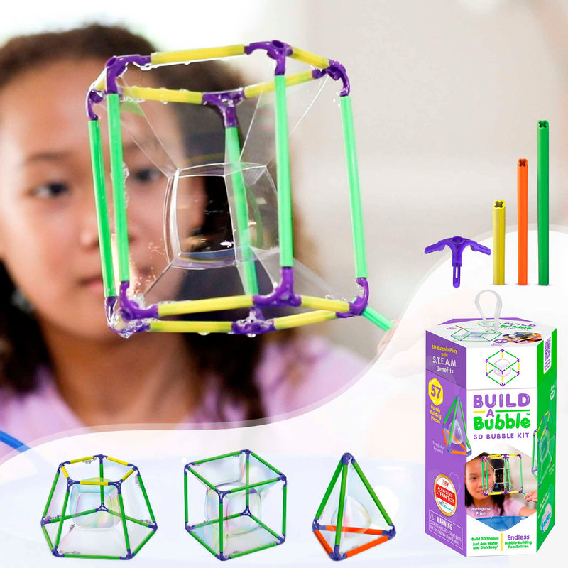 Child using Build-A-Bubble 3D Bubble Kit creating geometric bubble shapes with colorful frame pieces