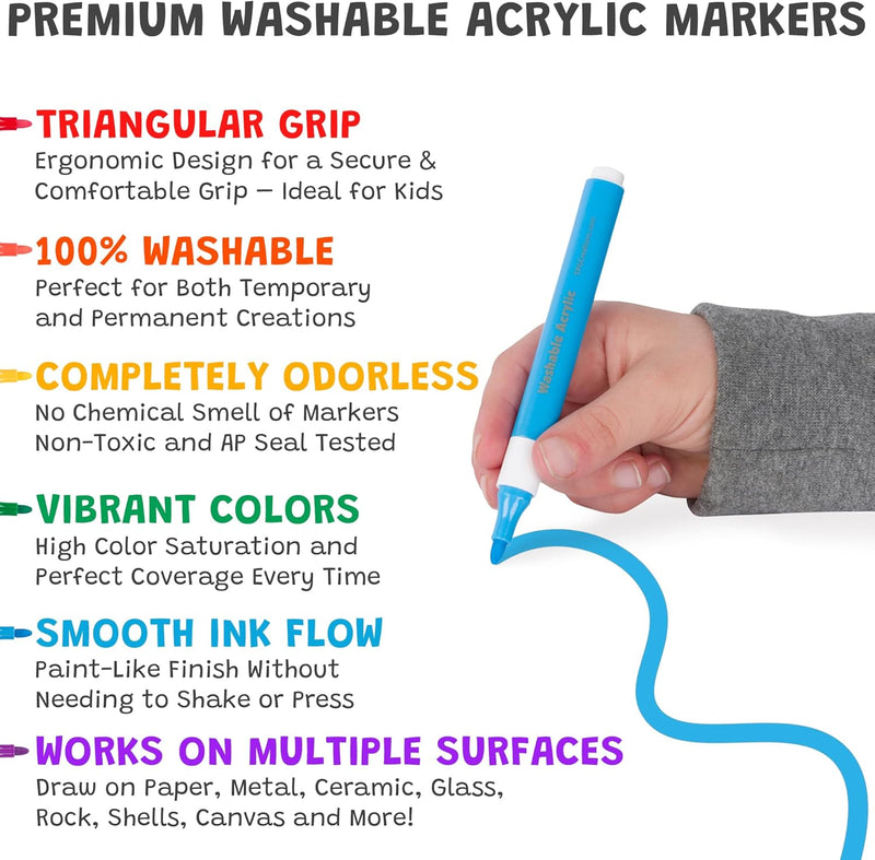 Hand holding blue Magic Stix washable acrylic marker demonstrating features and benefits