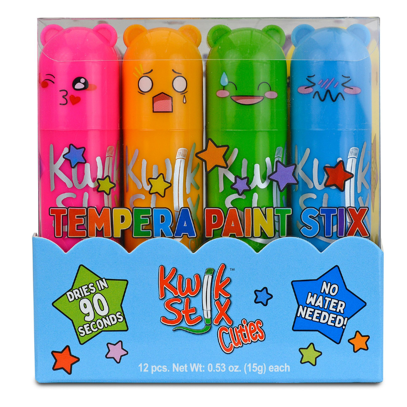 Kwik Stix Cuties tempera paint sticks 12-pack with cute animal faces on colorful tubes