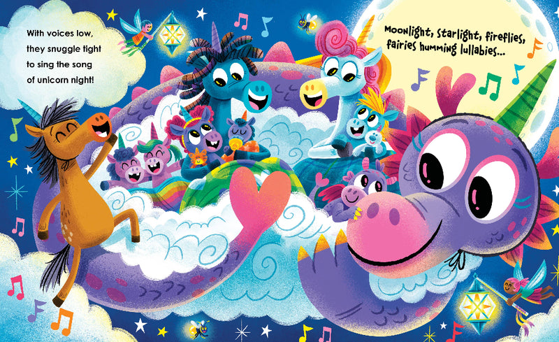 Colorful interior spread of Unicorn Night children's book featuring unicorns and fairies
