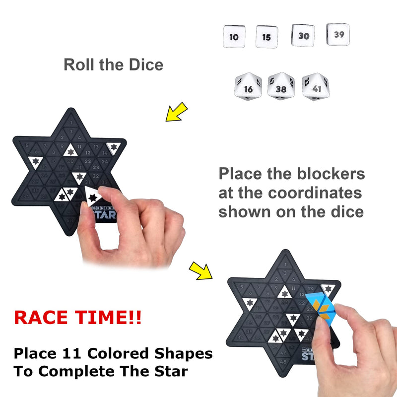 Genius Star puzzle game showing gameplay instructions with dice rolling and piece placement.