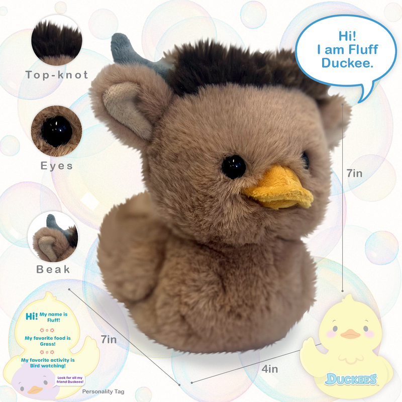 Brown highland cow plush toy with duck beak labeled as Fluff Duckee with feature callouts