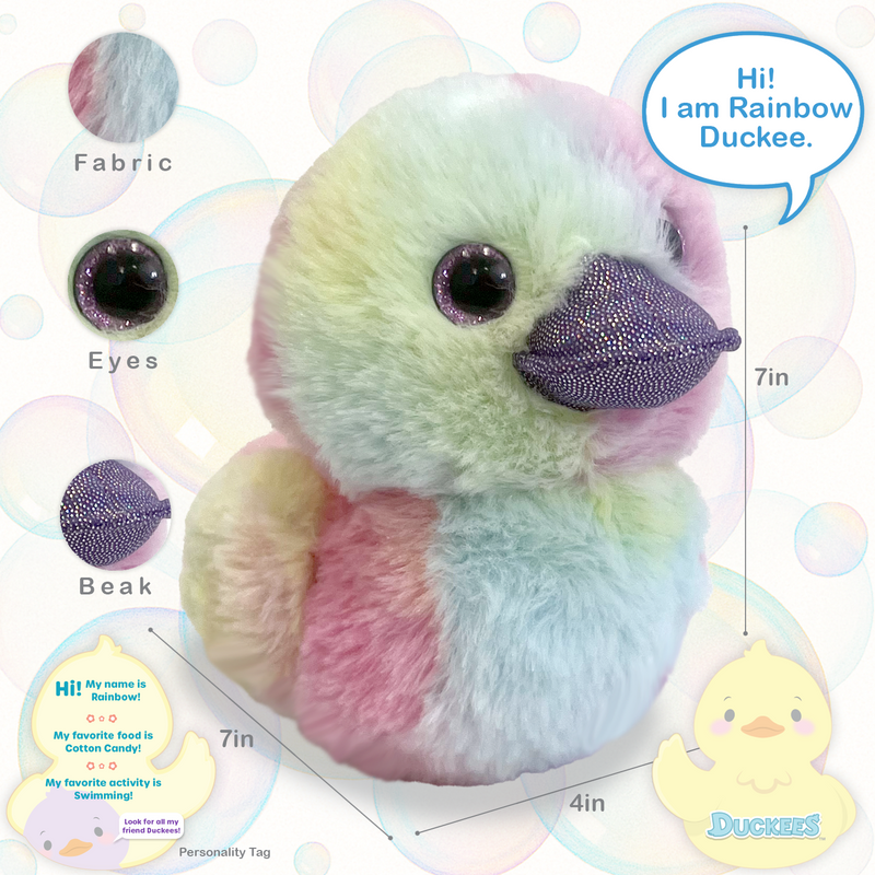 Rainbow tie-dye plush duck toy with purple sparkly beak and large eyes