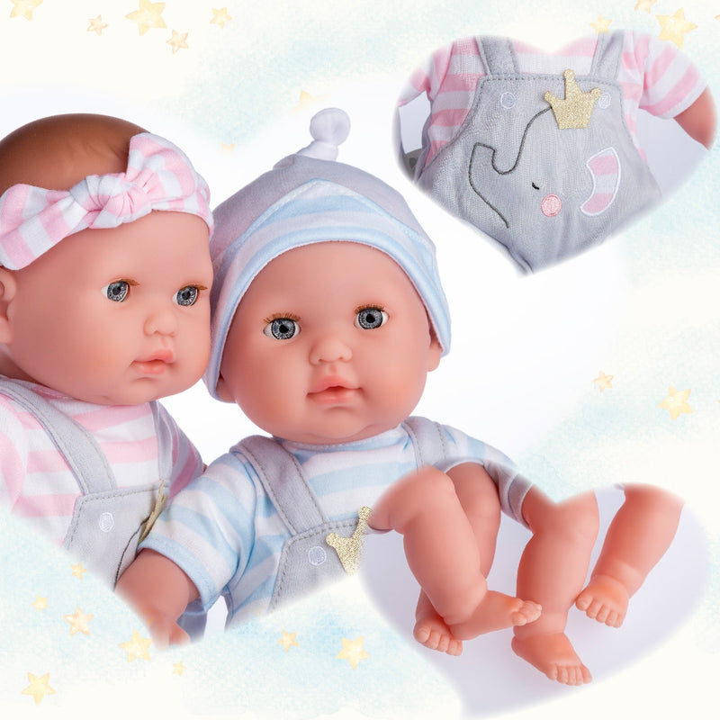 Two 15-inch Berenguer twin baby dolls with matching outfits and unicorn bib