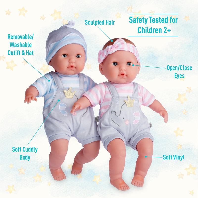 Two Berenguer 15 inch twin baby dolls with labeled features on starry background