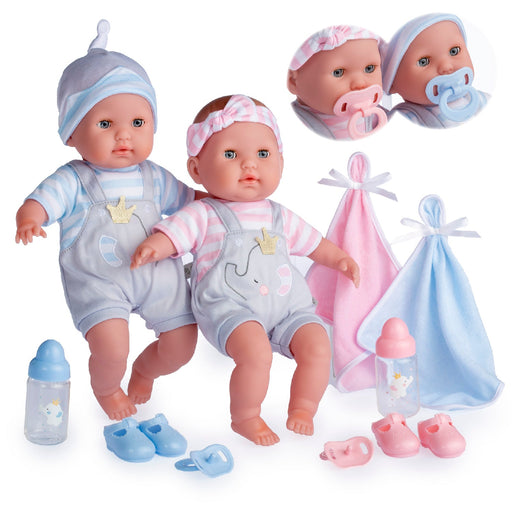 Two 15-inch Berenguer baby dolls with accessories including bottles, blankets, shoes and pacifiers