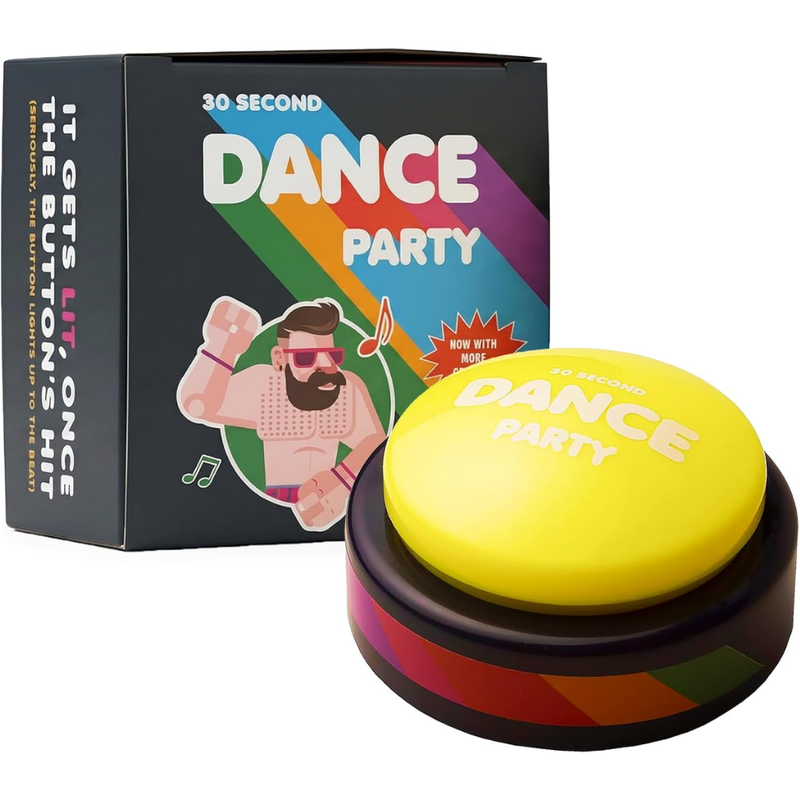 Yellow 'Dance Party' button with colorful packaging on a white background.  Volume 1 of Dance Party Series.