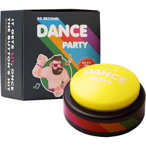 Yellow 'Dance Party' button with colorful packaging on a white background.  Volume 1 of Dance Party Series.