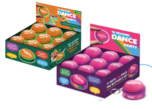Pink (Kitty) and Orange (Dino) 'Dance Party' buttons in packaging on a white background.