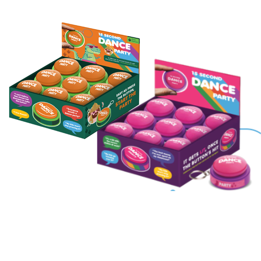 Pink (Kitty) and Orange (Dino) 'Dance Party' buttons in packaging on a white background.