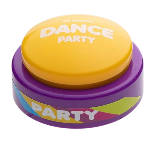 Yellow button for Volume 2 of 30 Second Dance Party with white text saying Dance Party on white background.