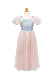 Rainbow sparkle dress with sequined bodice and tulle skirt on mannequin
