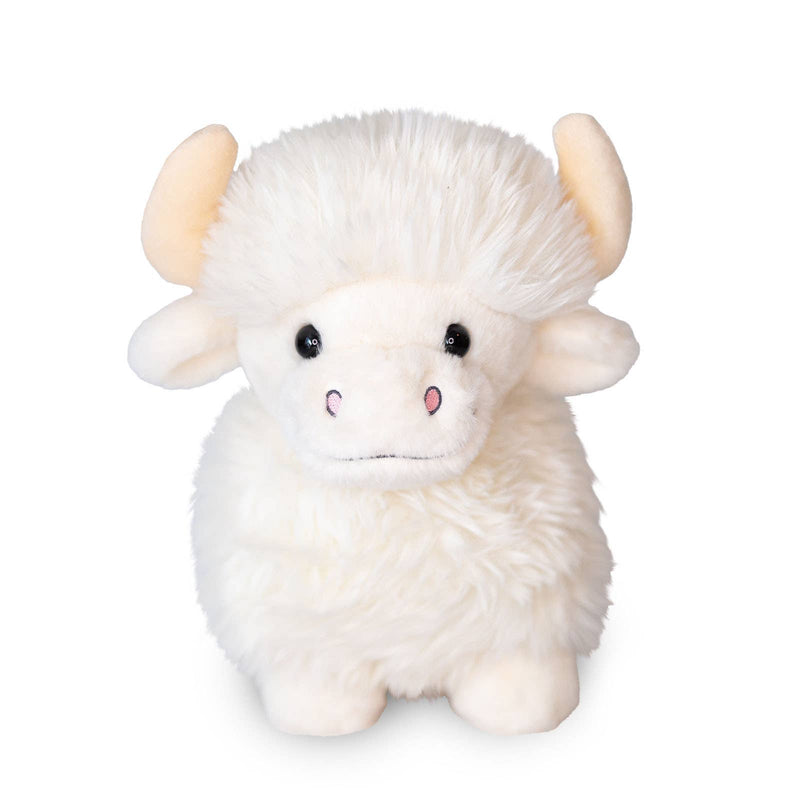 White fluffy Highland cow plush toy with horns and pink nose on white background