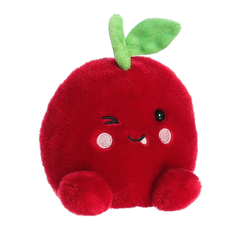 Red plush cherry toy with green leaf and cute embroidered face