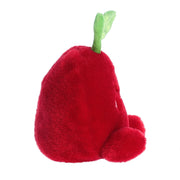 Red plush cherry toy with green fabric leaf on white background