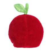 Red plush cherry toy with green fabric leaves on white background
