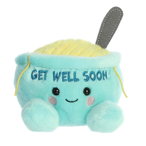 Aurora Palm Pal turquoise chicken soup bowl plush toy with Get Well Soon text