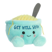 Turquoise plush chicken soup bowl toy with embroidered 'GET WELL SOON' text and gray spoon