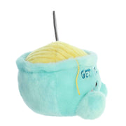 Turquoise plush chicken soup bowl toy with yellow noodles and spoon