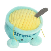 Aurora Palm Pal Welly chicken soup plush toy with turquoise bowl and yellow contents